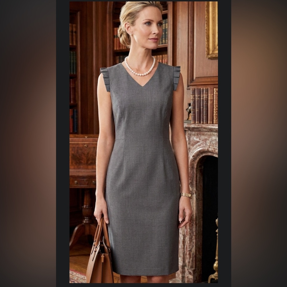NWT Talbots Size 16 Grey Wool Blend Pleated Shoulder Sheath Dress Old Money